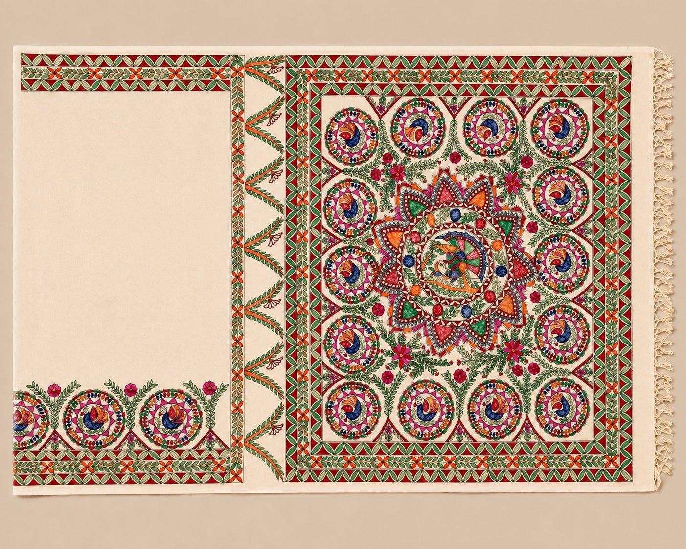 A hand-drawn saree design study in Mithila style on natural paper, showing border and pallu artwork