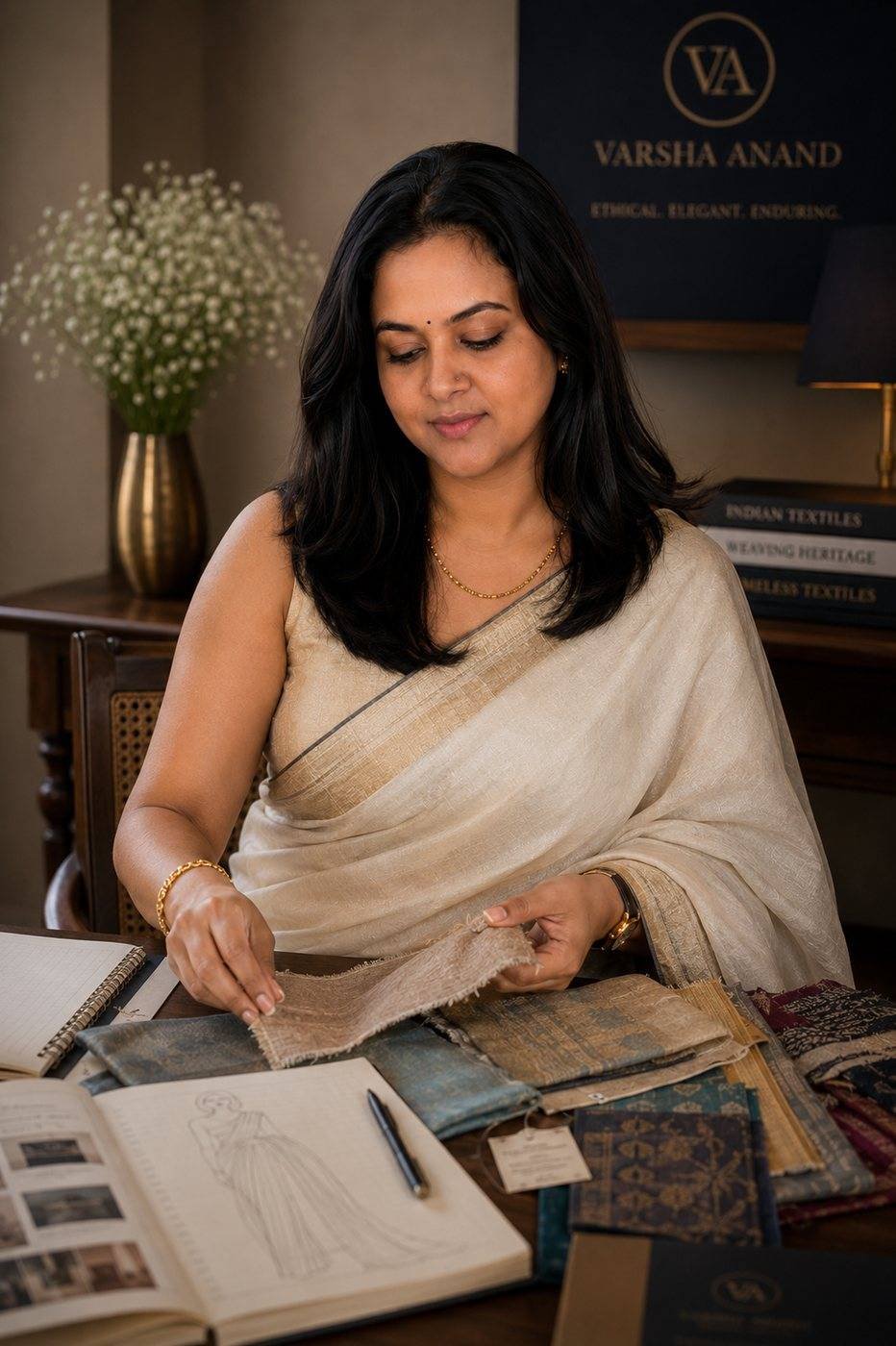 Varsha Anand reviewing Bhagalpuri Tussar Silk swatches and design studies at her desk