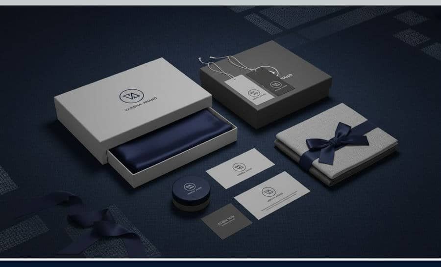VARSHA ANAND packaging identity — magnetic box with the House monogram, ribbon, tag, cards and folded silk