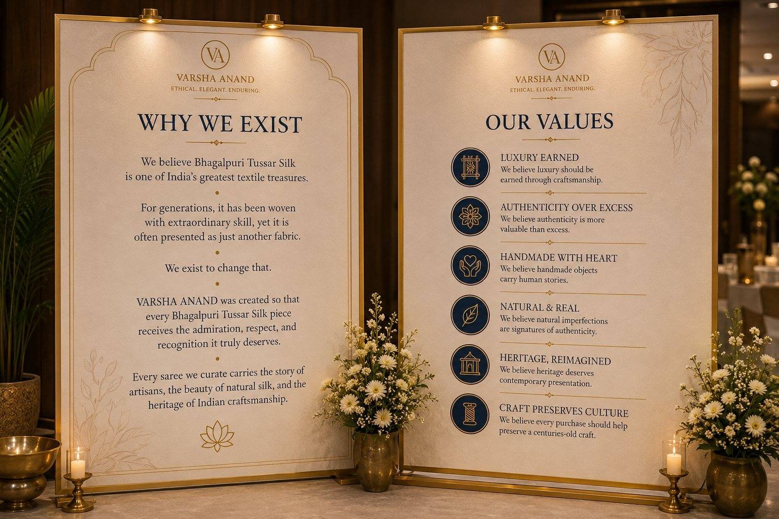House introduction plates: Why We Exist and Our Values, displayed on gold easels