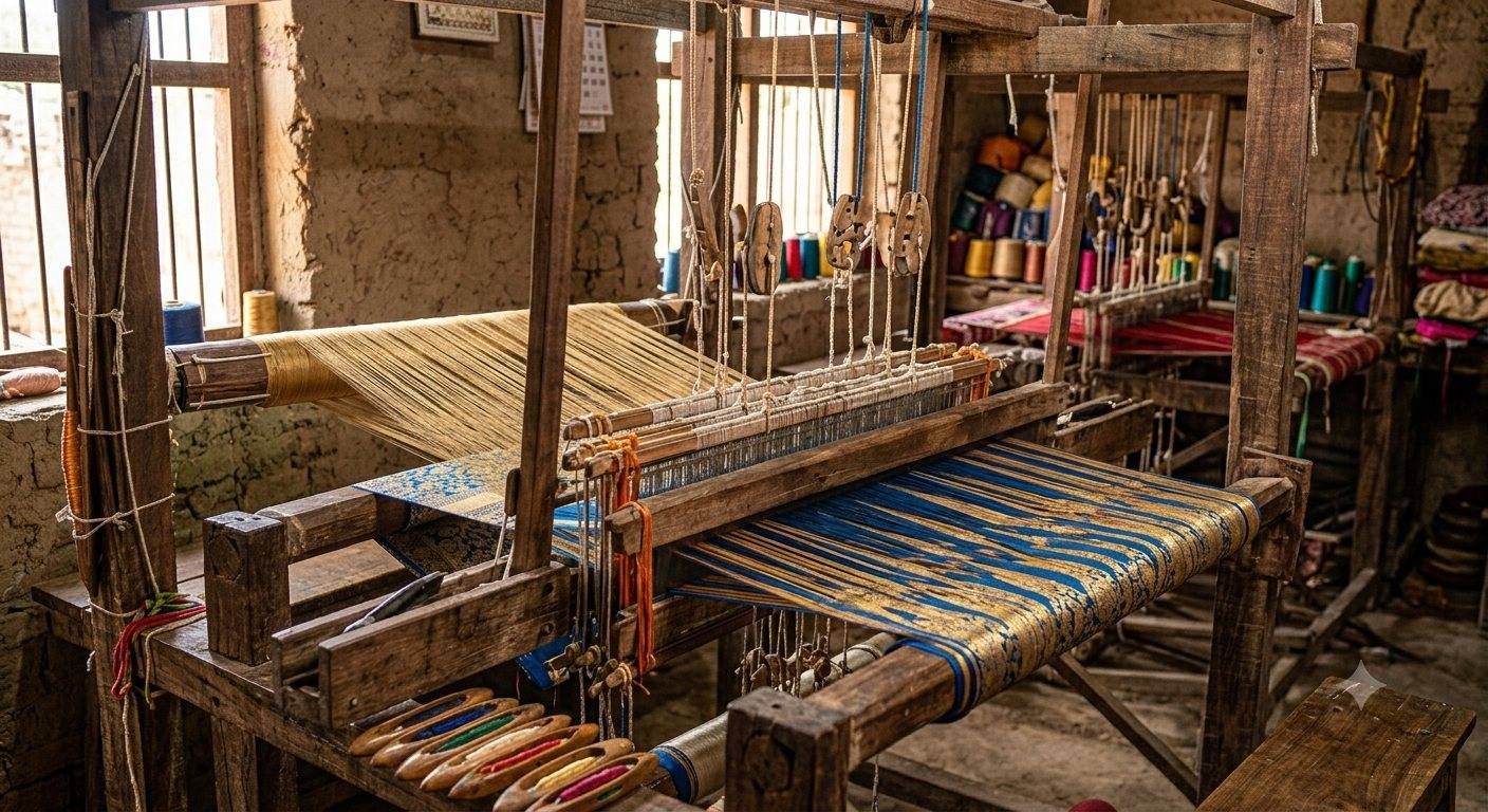 A traditional handloom threaded with an indigo and gold warp