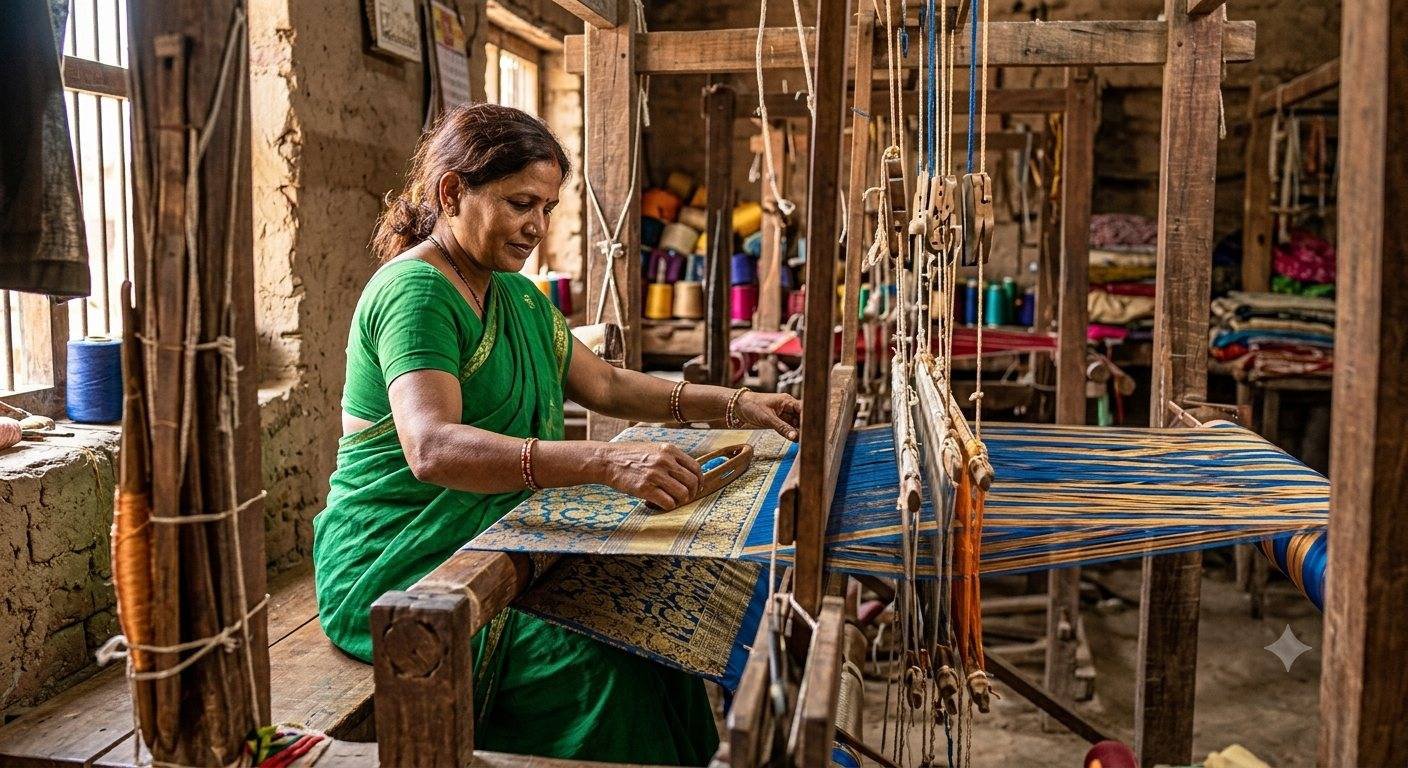 A weaver at a traditional handloom working an indigo and gold warp