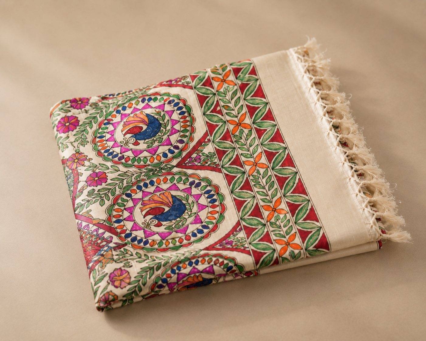 A folded hand-painted Mithila saree in Pure Bhagalpuri Tussar Silk