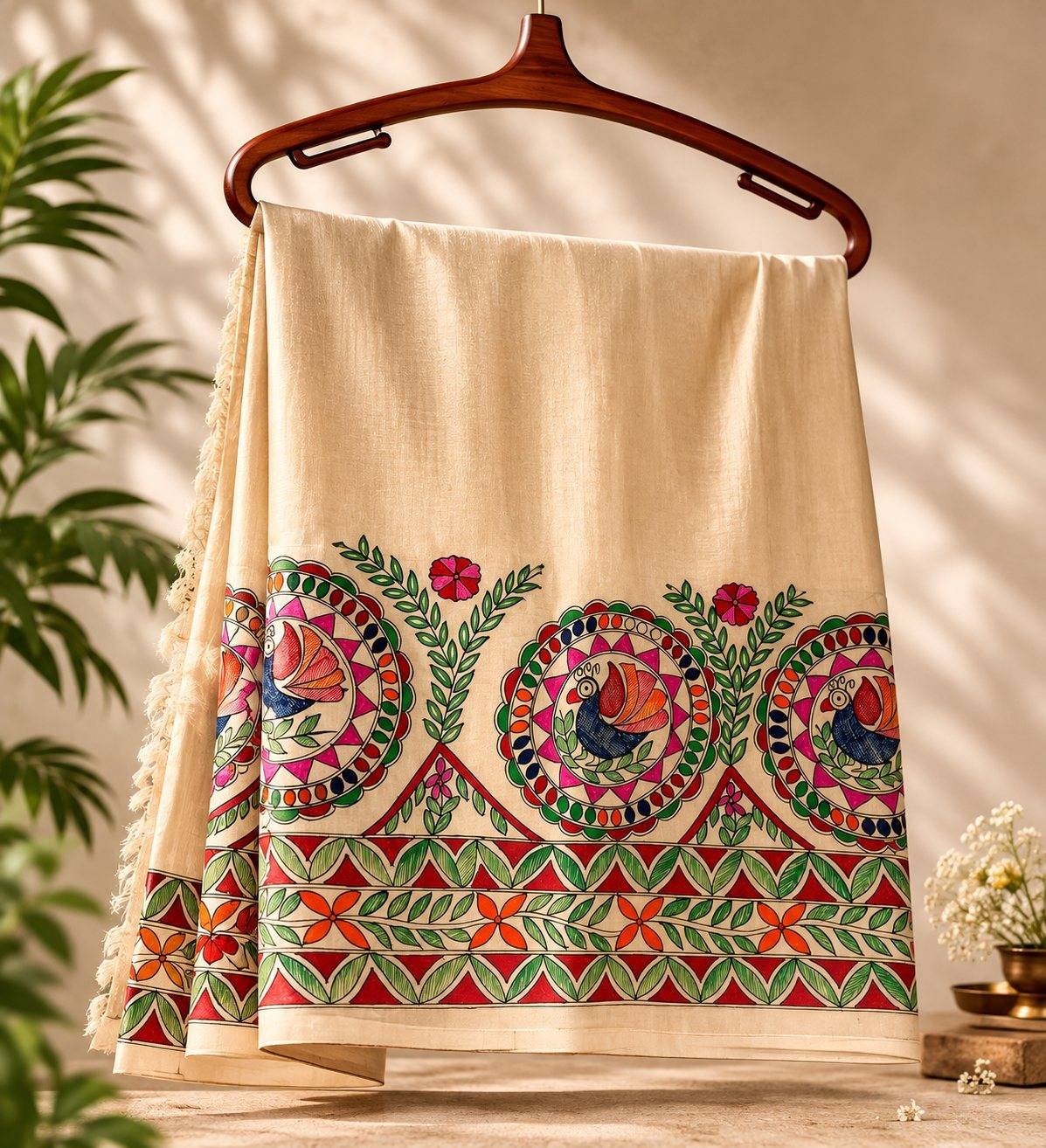 MITHILA MAYUR saree draped over a wooden hanger in warm daylight